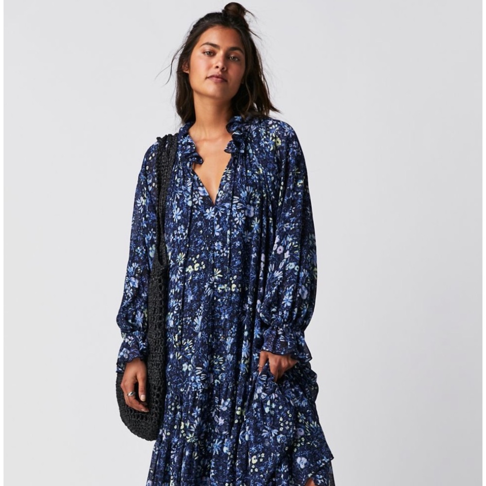 Free People Navy Floral Long Sleeve Maxi Dress